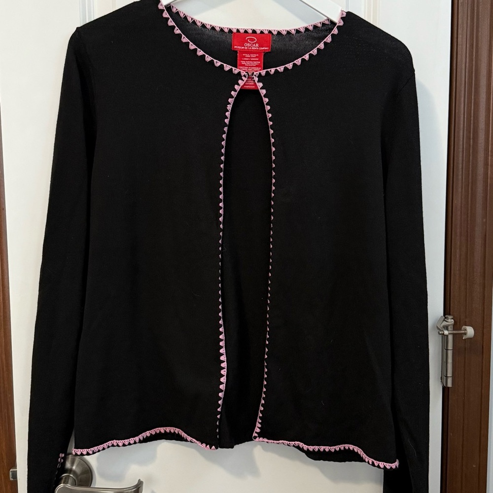 Oscar de la Renta Black Pink Trim Cardigan - Size Large